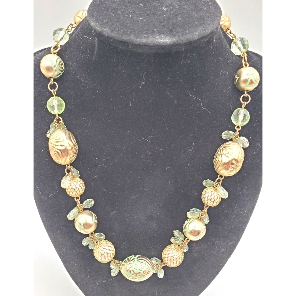 Botanical Motif Beaded Necklace Pale Green 16" Gold Tone
